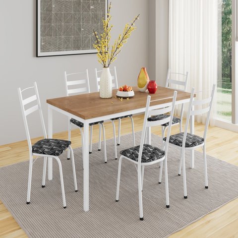 Conjunto Sala de Jantar Mesa Retangular Tampo BP com 6 Cadeiras Adriana Branco/Mosaico Silver/Demolição