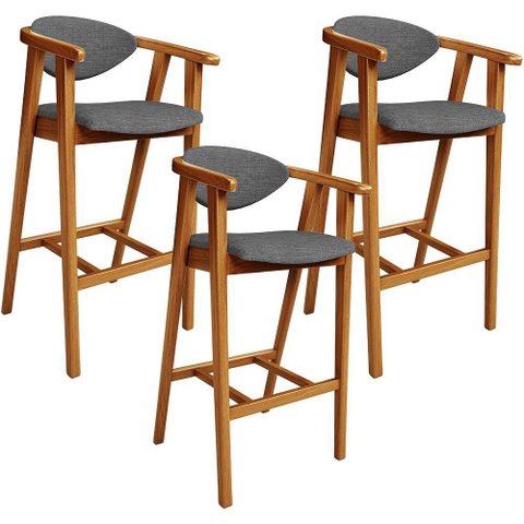 Kit 03 Banquetas Alta Cozinha Bancada Bar Sala de Jantar Fixa Cecília L02 Linho Cinza Escuro