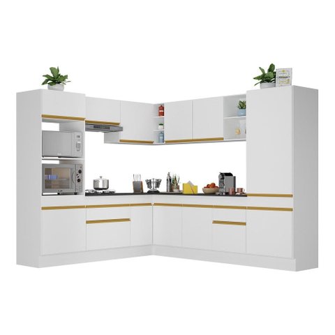 Armário de Cozinha Completa de Canto com Rodapé Veneza Multimóveis V2081 Branco/Dourado