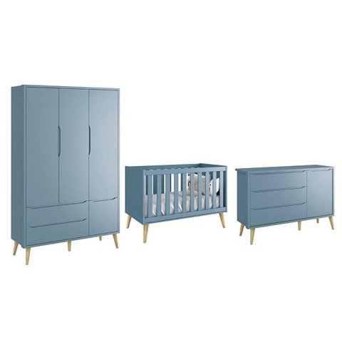 Dormitório Theo 3 Portas Azul com Pés Madeira Natural Reller Móveis
