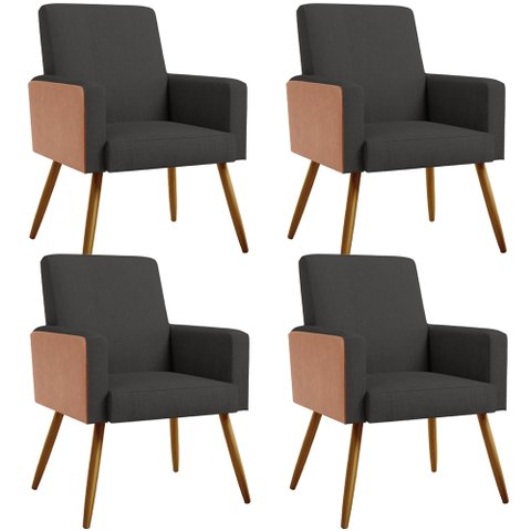 Kit 04 Poltronas Decorativa Maria W01 Pés Palito Linho Chumbo Couríssimo Camel - Lyam Decor