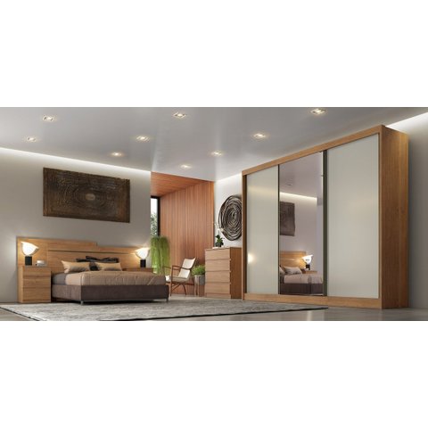 Guarda Roupa Casal com 1 Porta Espelhada 8 Gavetas - Diamond-Cumaru/Fendi - Móveis Novo Horizonte