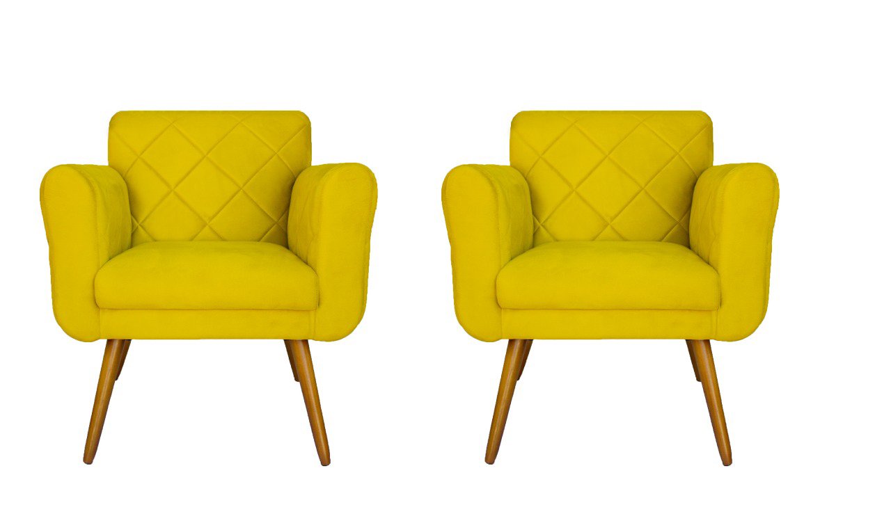 Kit 2 Poltronas Estofadas para Sala de Estar Isabella Corano Amarelo - Dl Decor - 1