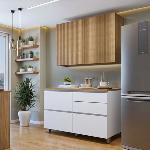 Cozinha Completa Modulada 2 Peças 3 Portas 4 Gavetas Norten Verde/Branco/Nature