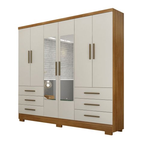 Guarda Roupa Solteiro com Espelho com Pés 6 Portas 6 Gavetas - Encant-Cumaru/Fendi - Móveis Novo Hor