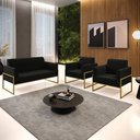 Ver imagem 2 de Sofá Namoradeira com 2 Poltronas Base Industrial Alta Dourado Marisa Suede Preto D03 - D’Rossi Dross