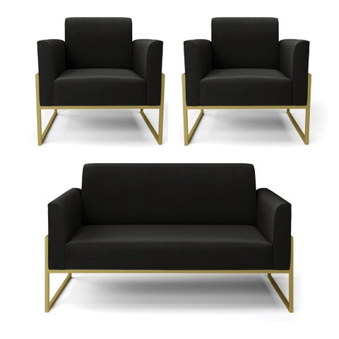 Sofá Namoradeira com 2 Poltronas Base Industrial Alta Dourado Marisa Suede Preto D03 - D’Rossi Dross