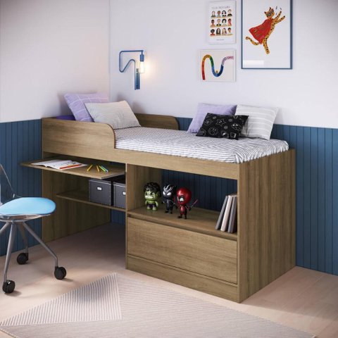 Cama Solteiro com Porta Escrivaninha Retrátil e Prateleiras Cor:mel