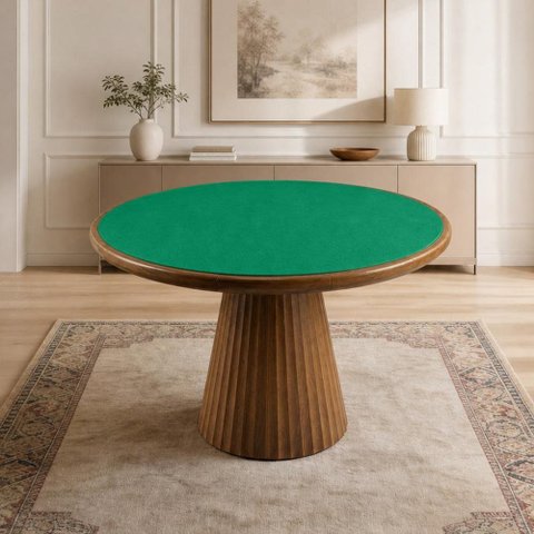 Mesa de Jogos Redonda com 4 Gavetas Porta Copos 120cm Base Cone Bellagio G02 Pinhão - Lyam Decor