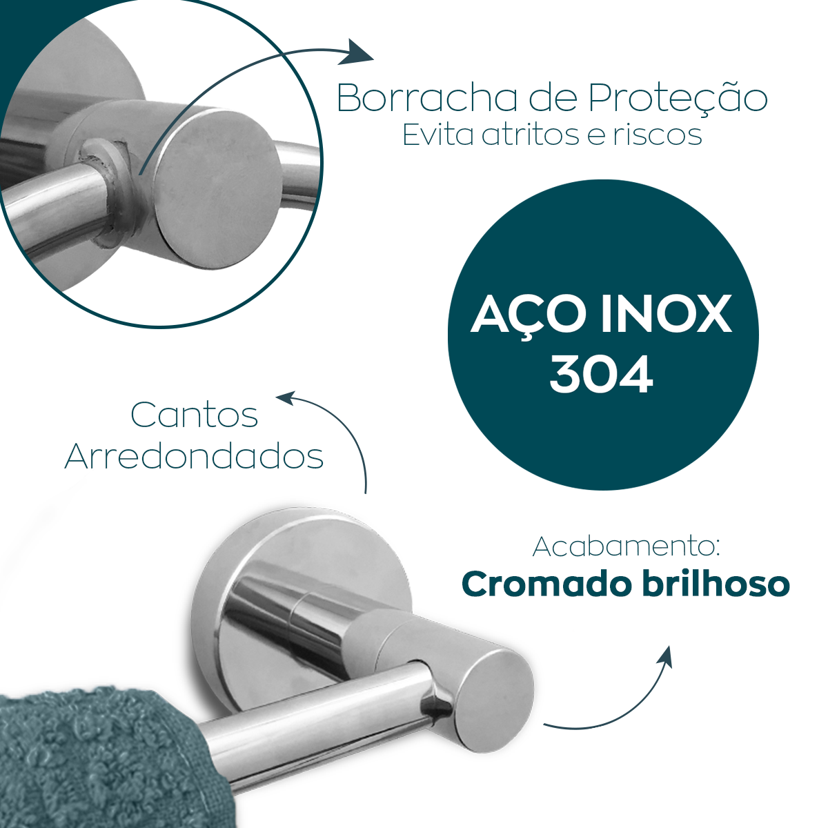 Kit Acessorios Banheiro Inox Cromado 4 Peças Papeleira Cabide Toalheiro Duplo Porta Toalha Argola - 3