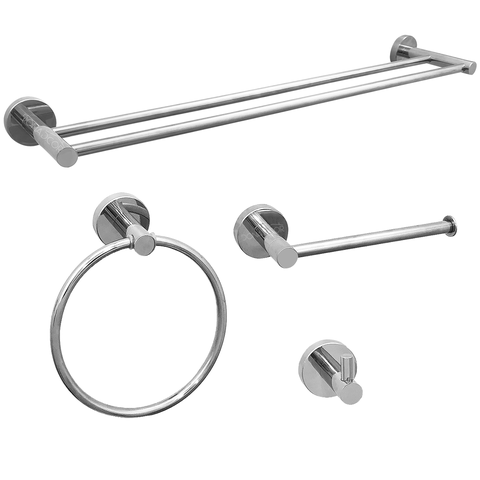 Kit Acessorios Banheiro Inox Cromado 4 Peças Papeleira Cabide Toalheiro Duplo Porta Toalha Argola