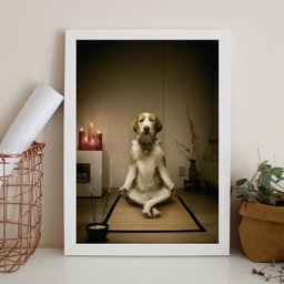 Quadro Decorativo Cachorro Meditando 24x18cm - com Vidro:madeira Branca - 1