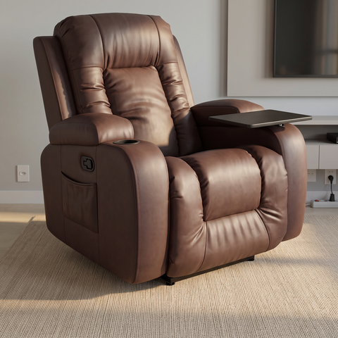 Poltrona Papai Reclinável Massagem Aquecimento Corino Marrom Premium Manual Fixa