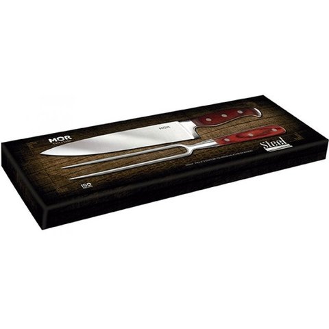 Conjunto para Churrasco Faca 8 e Garfo em aço Inoxidável e Cabo em Madeira 2 peças Steel - Mor