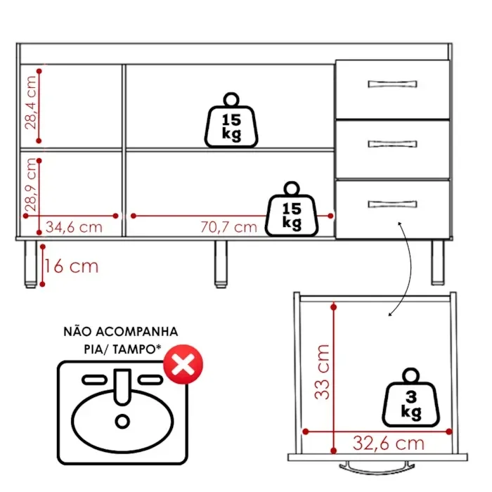 Ver imagem 4 de Balcao sem Tampo para Pia 150cm 9130 Branco Mobbs