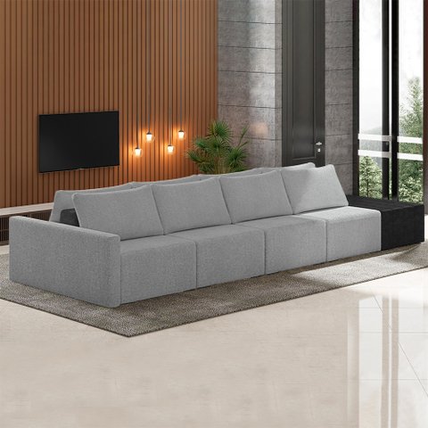 Sofá Ilha Modulado Milos 392cm Puff Lateral Cinza Escuro Preto Manchado Bouclê/pu G33 - Gran Belo