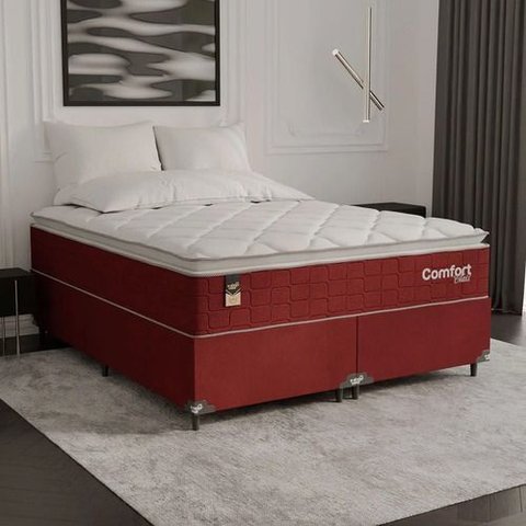 Cama Box Queen + Colchão Comfort Class Pillow Top 158x198cm Vinho/suede Vinho