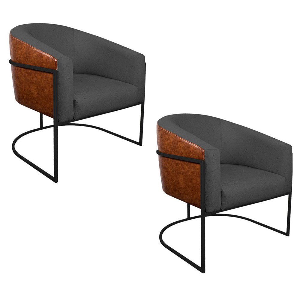 Kit 2 Poltronas Luiza Base de Ferro Preto Corano Nozes e Linho Cinza Escuro - Am Decor - 1