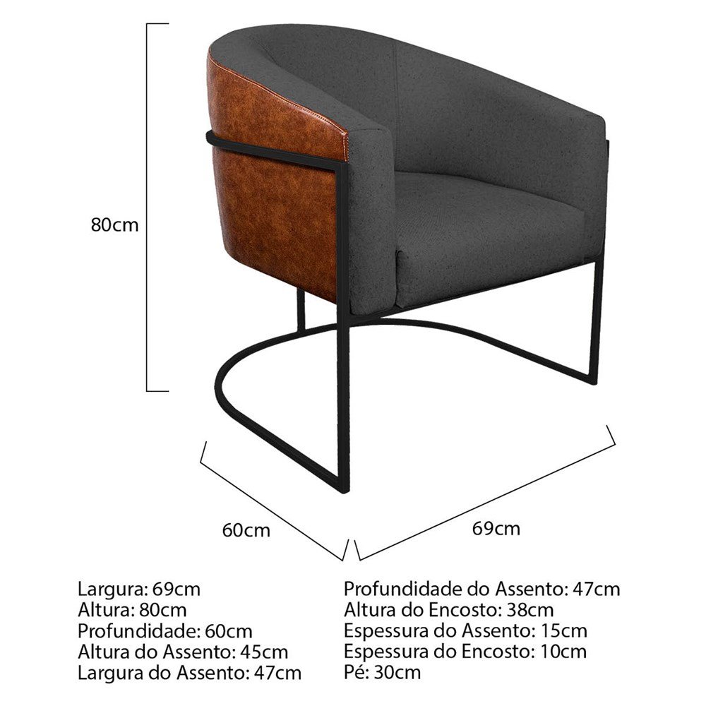 Kit 2 Poltronas Luiza Base de Ferro Preto Corano Nozes e Linho Cinza Escuro - Am Decor - 5
