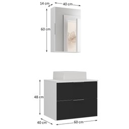 Conjunto Gabinete Banheiro Rubi 60cm - Gabinete + Cuba + Espelheira - Branco/preto - 6