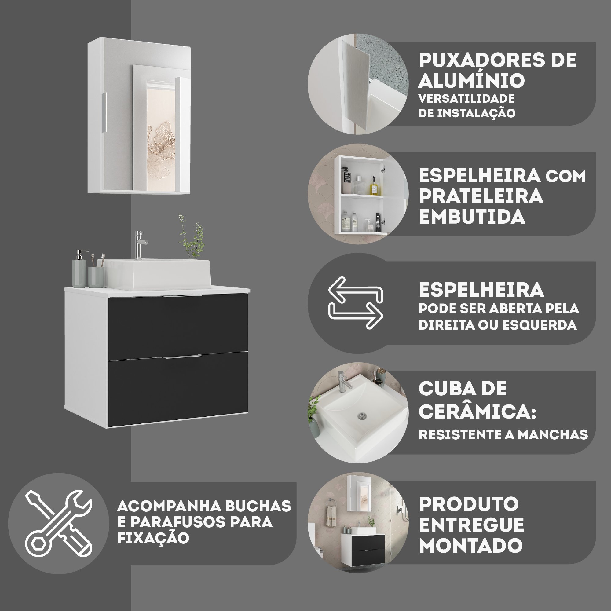 Conjunto Gabinete Banheiro Rubi 60cm - Gabinete + Cuba + Espelheira - Branco/preto - 6