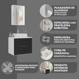 Conjunto Gabinete Banheiro Rubi 60cm - Gabinete + Cuba + Espelheira - Branco/preto - 7