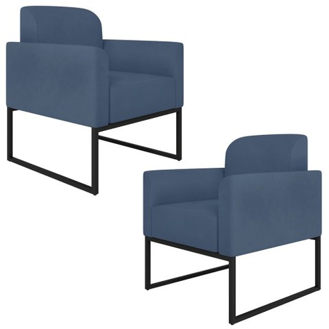 Kit 2 Poltronas Decorativas Isabella Base Industrial Suede Azul Marinho/Preto Gran Belo