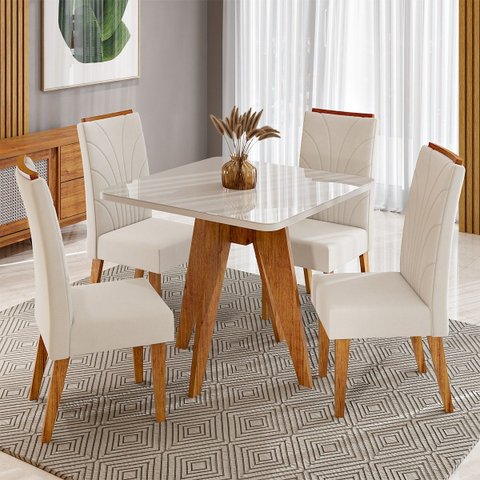 Conjunto Sala de Jantar 4 Lugares Quadrado Tampo de MDF/Vidro Marely Cobre/Vidro Off White/Bege - Ca