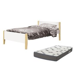 Cama Solteiro Simba Branco Fosco Pés Madeira Natural com Colchão D33 - Reller Móveis - 1