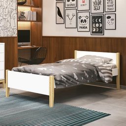Cama Solteiro Simba Branco Fosco Pés Madeira Natural com Colchão D33 - Reller Móveis - 2
