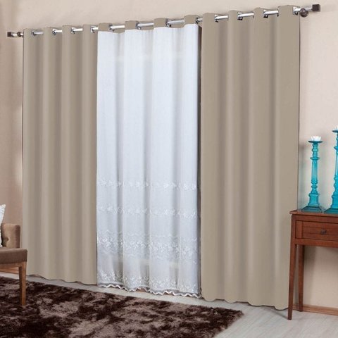 Cortina Painel Com Voil Bordado e Ilhos Cromado 3 M - Viena - Bege