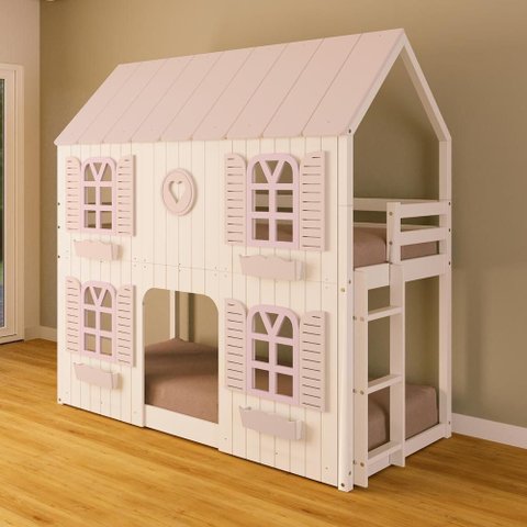 Beliche Montessoriano Casinha Bela com Coração 4 Janelas Venezianas - Madeira Maciça Branco/rosa