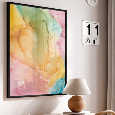 Quadro Decorativo Abstrato Mármore Colorido em Moldura Caixa Tacolado Moldura Trad 1cm Preta com Vid