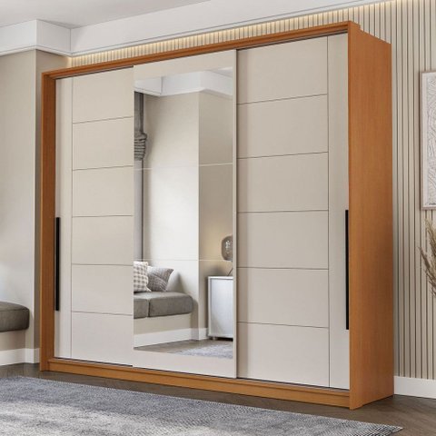 Guarda-roupa Casal Lisboa 3 Portas 4 Gavetas com Espelho Freijó/creme - Politorno