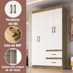 Guarda Roupa Roupeiro 4 Portas 2 Gavetas Solteiro Cor Nogueira Marrom Off White - 2