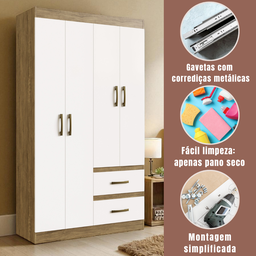 Guarda Roupa Roupeiro 4 Portas 2 Gavetas Solteiro Cor Nogueira Marrom Off White - 3
