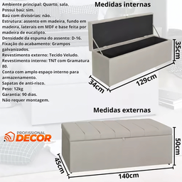 Calçadeira Baú Recamier Casal 140cm Carla Veludo:bege - 3