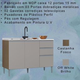 Balcao para Pia 3 Portas 120 Cm 702 Castanha Off White Poqq Castanha Off White - 2