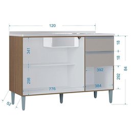 Balcao para Pia 3 Portas 120 Cm 702 Castanha Off White Poqq Castanha Off White - 4