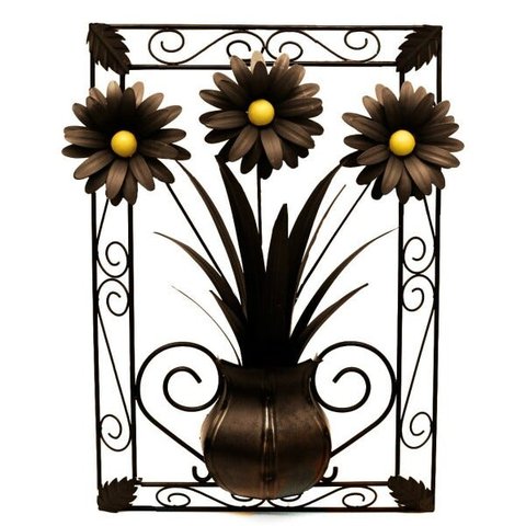 Quadro Painel Artesanal para Sala Decorativo em Ferro com Flores - Verniz
