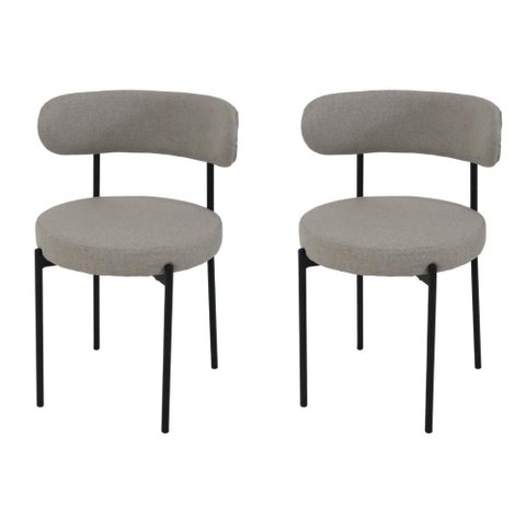 Kit 2 Cadeiras de Jantar Linho Cinza Camelia com Encosto Curvo Base Preta Moderna para Sala e Cozinh