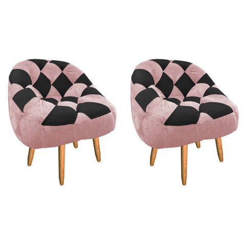 Kit 02 Poltrona Paloma Escritório Sala Pé Palito Suede Rosa Bebê e Suede Preto - Dominic Decor