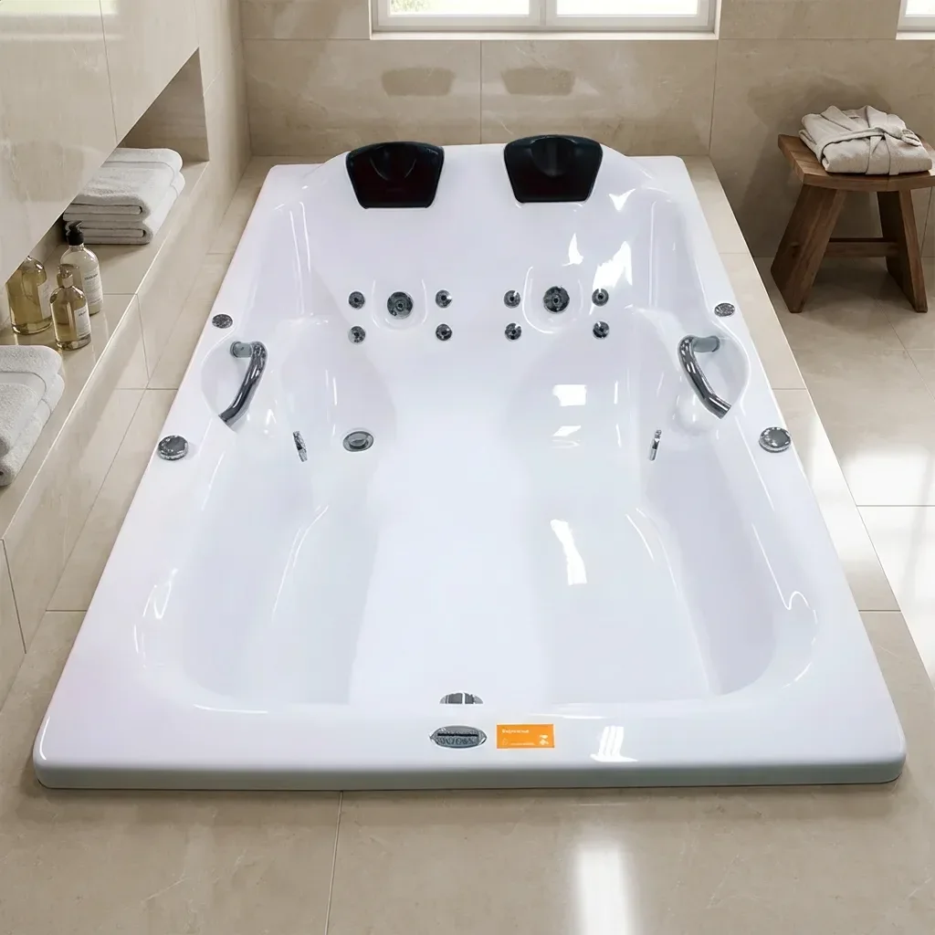 Banheira de Hidromassagem Acrilic Dupla Top Line Ouro Fino com Cromoterapia LED e Apoios para Cabeça 1,80x1,20m Branco 220V