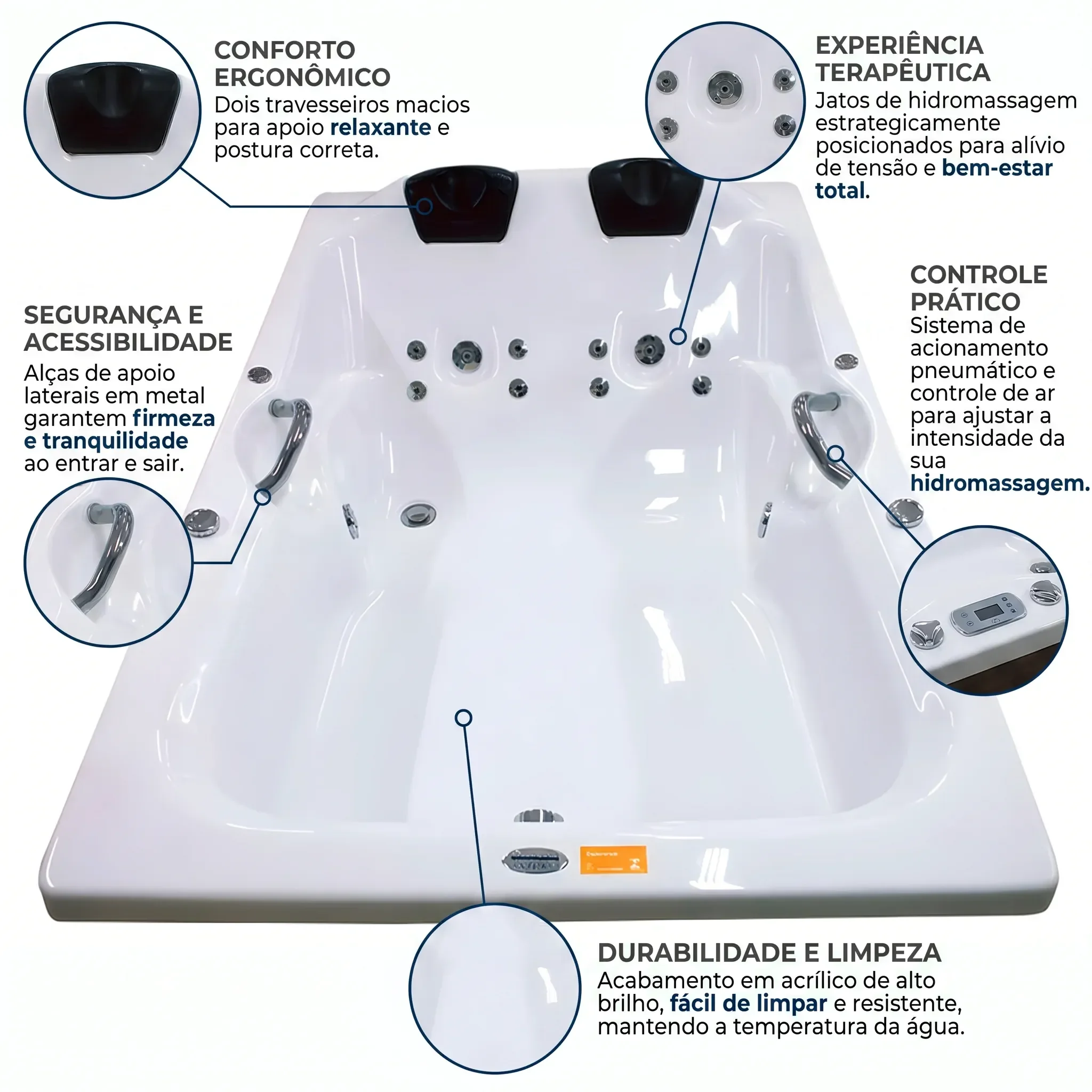 Ver imagem 5 de Banheira de Hidromassagem Acrilic Dupla Top Line Ouro Fino com Cromoterapia LED e Apoios para Cabeça 1,80x1,20m Branco 220V