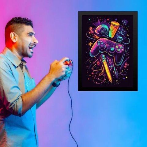 Quadro Quarto Adolescente Gamer 24x18cm - com Vidro:moldura Branca