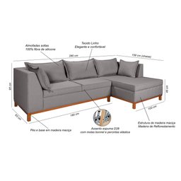 Sofá Malta com Chaise Linho Fixo Império Estofados - 5