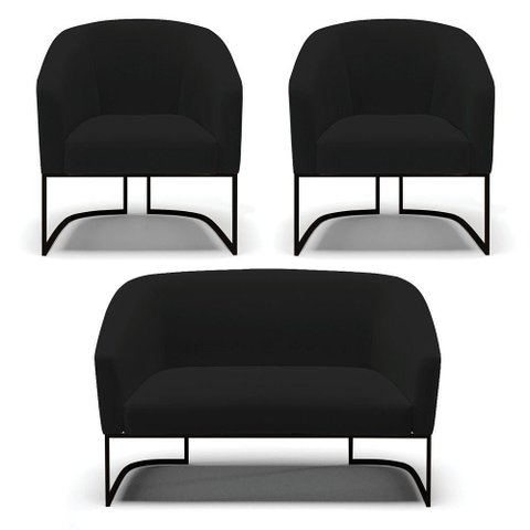 Sofá Namoradeira e 2 Poltronas Base Industrial Preto Stella Linho D03 - D'Rossi Cor A79 Preto