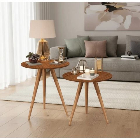 Kit 2 Mesinha Mesas Apoio e Lateral Redonda Freijó