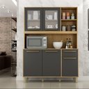 Ver imagem 1 de Cozinha Completa Compacta Balcão Paneleiro Armário 5 Portas 1 Gaveta MDF Marrom Madeira Cinza