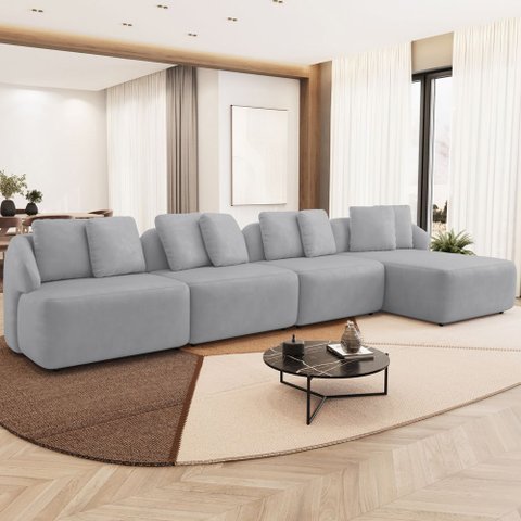 Sofá 5 Lugares com Chaise Direito Sala Living 328cm Arlo F04 Veludo Cinza Tc-12023 - Lyam Decor